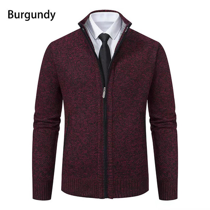 Men's melange knit zip jacket with high stand-up collar, fine texture and concealed side pockets Mune Fashion