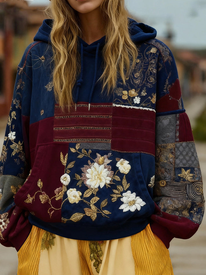 Women's Embroidered Patchwork Hoodie with Flower Applique and Kangaroo Pocket Mune Fashion