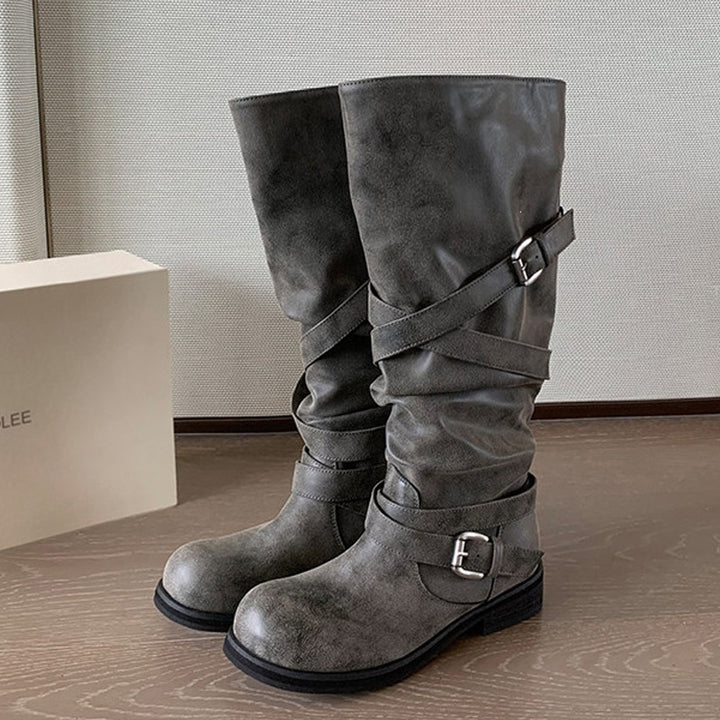 Women's Knee-High Biker Boots in Leather-Look with Adjustable Buckles Mune Fashion