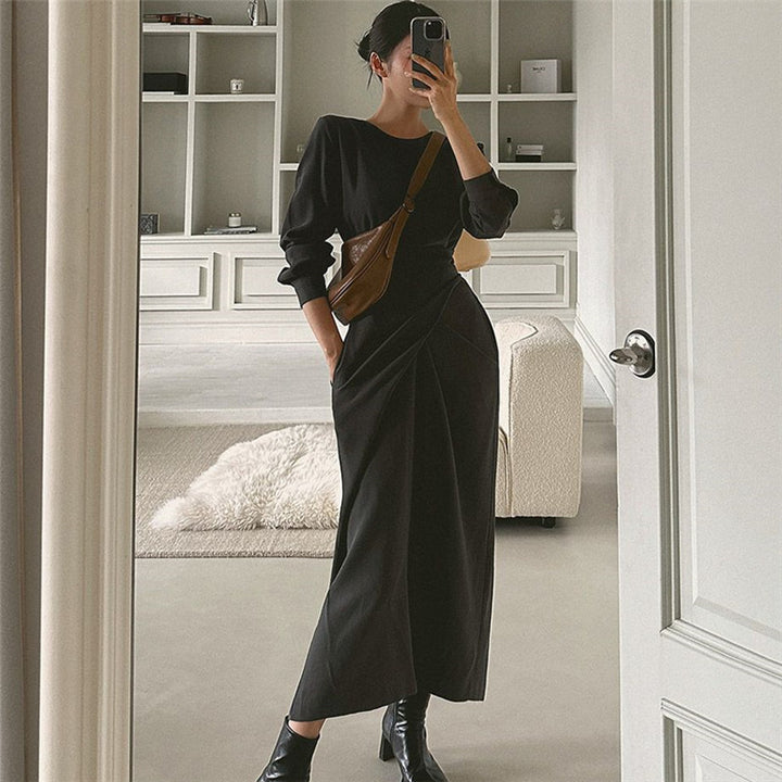 Women’s Modern Long Dress with Overlapping Waistline, Concealed Pockets, and Boxy Silhouette Mune Fashion