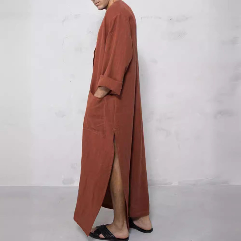 Men's wide long tunic-kaftan made of breathable linen with stand-up collar, button placket, and patch pockets Mune Fashion