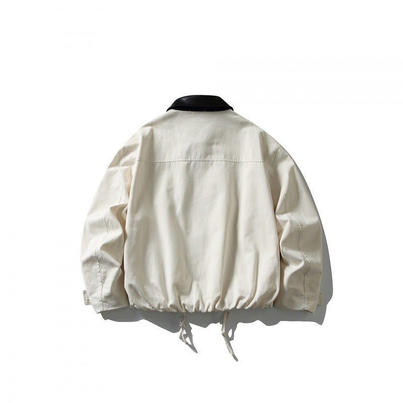 Men's Boxy Utility Jacket with Faux Leather Collar, Drawstring and Snap Cuffs Mune Fashion