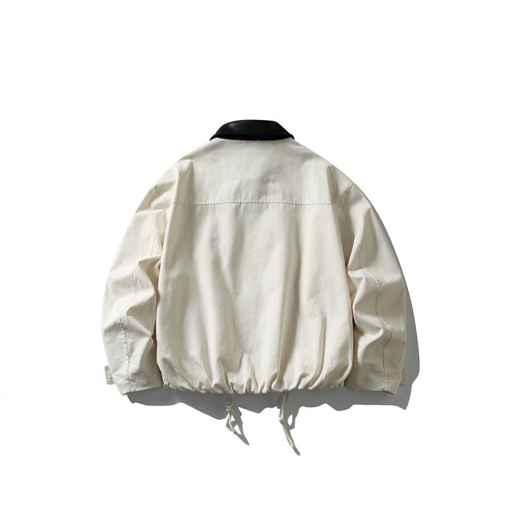 Men's Boxy Utility Jacket with Faux Leather Collar, Drawstring and Snap Cuffs Mune Fashion
