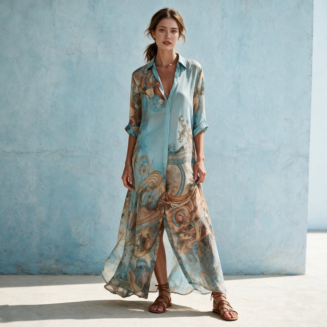 Women's Shirt Dress Maxi Dress in Flowing Silk Look with Artistic Allover Print and 3/4 Sleeves Mune Fashion