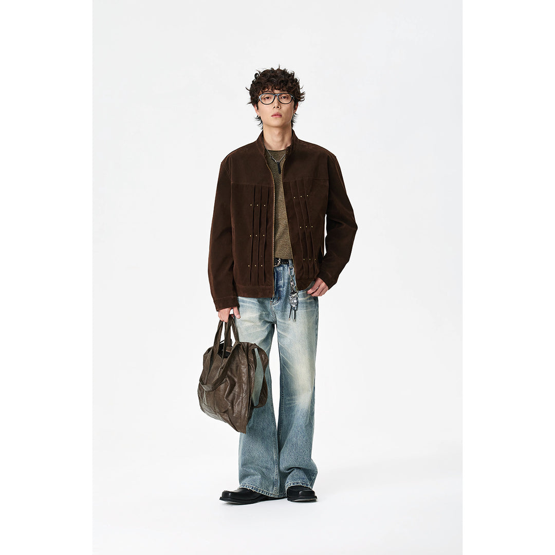 Men's Velour Leather Look Blouson Jacket with Pleated Yoke and Stud Detail Mune Fashion