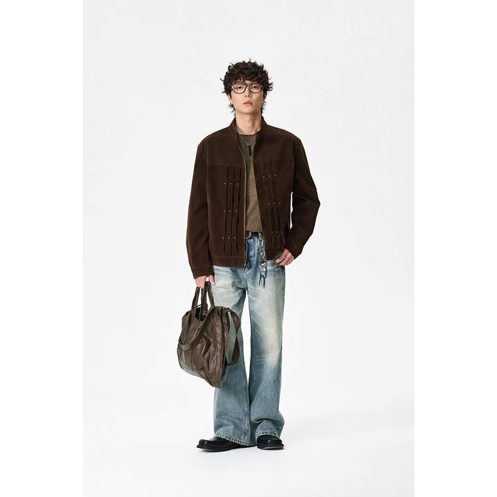 Men's Velour Leather Look Blouson Jacket with Pleated Yoke and Stud Detail Mune Fashion