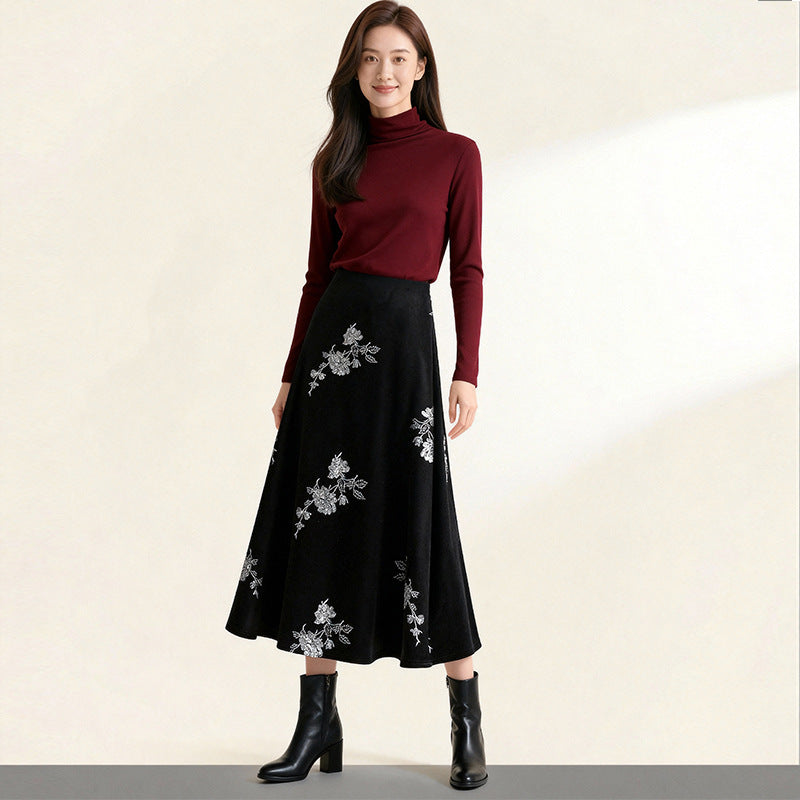 Women's embroidered velvet midi skirt with flared A-line and elasticated comfort waistband Mune Fashion