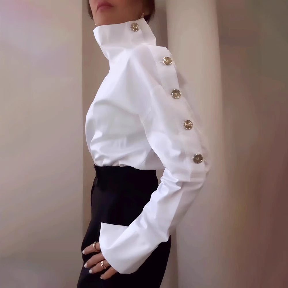 Women high-neck blouse with decorative shoulder buttons and flared cuffs Mune Fashion