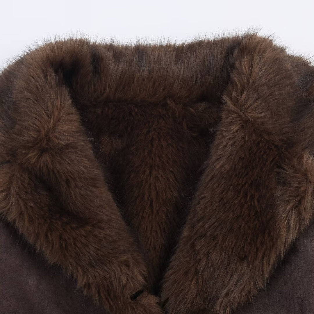 Women's Reversible Short Jacket with Faux Fur Trim and Suede Look Mune Fashion