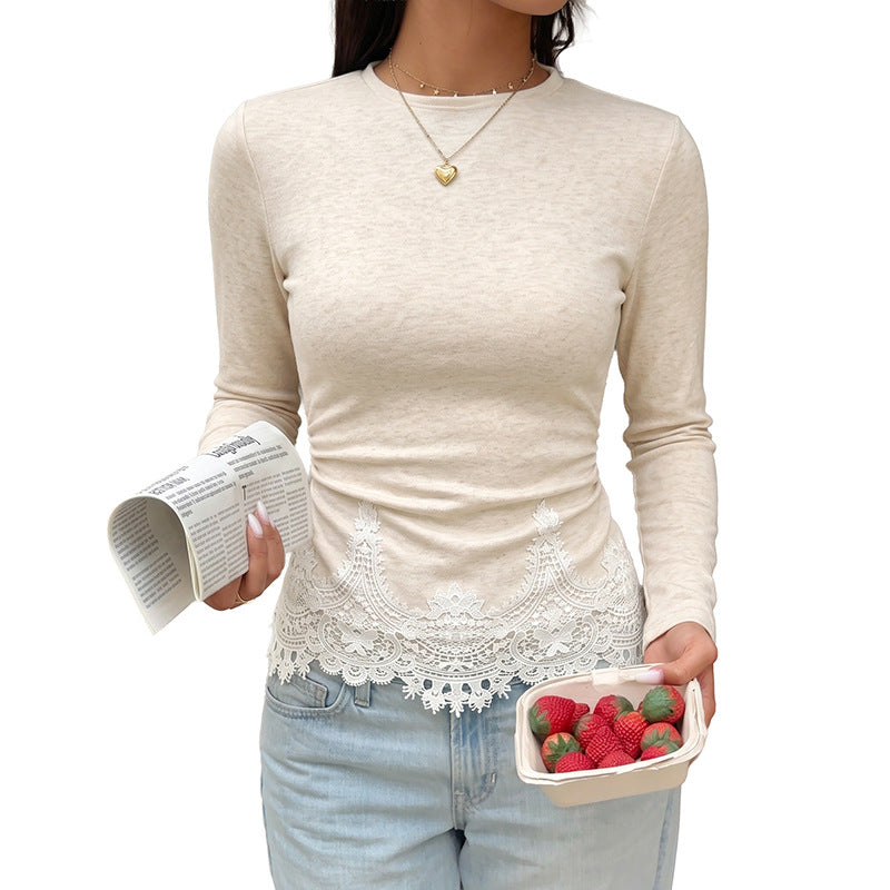 Women's Elegant Long Sleeve Shirt with Lace Trim Mune Fashion