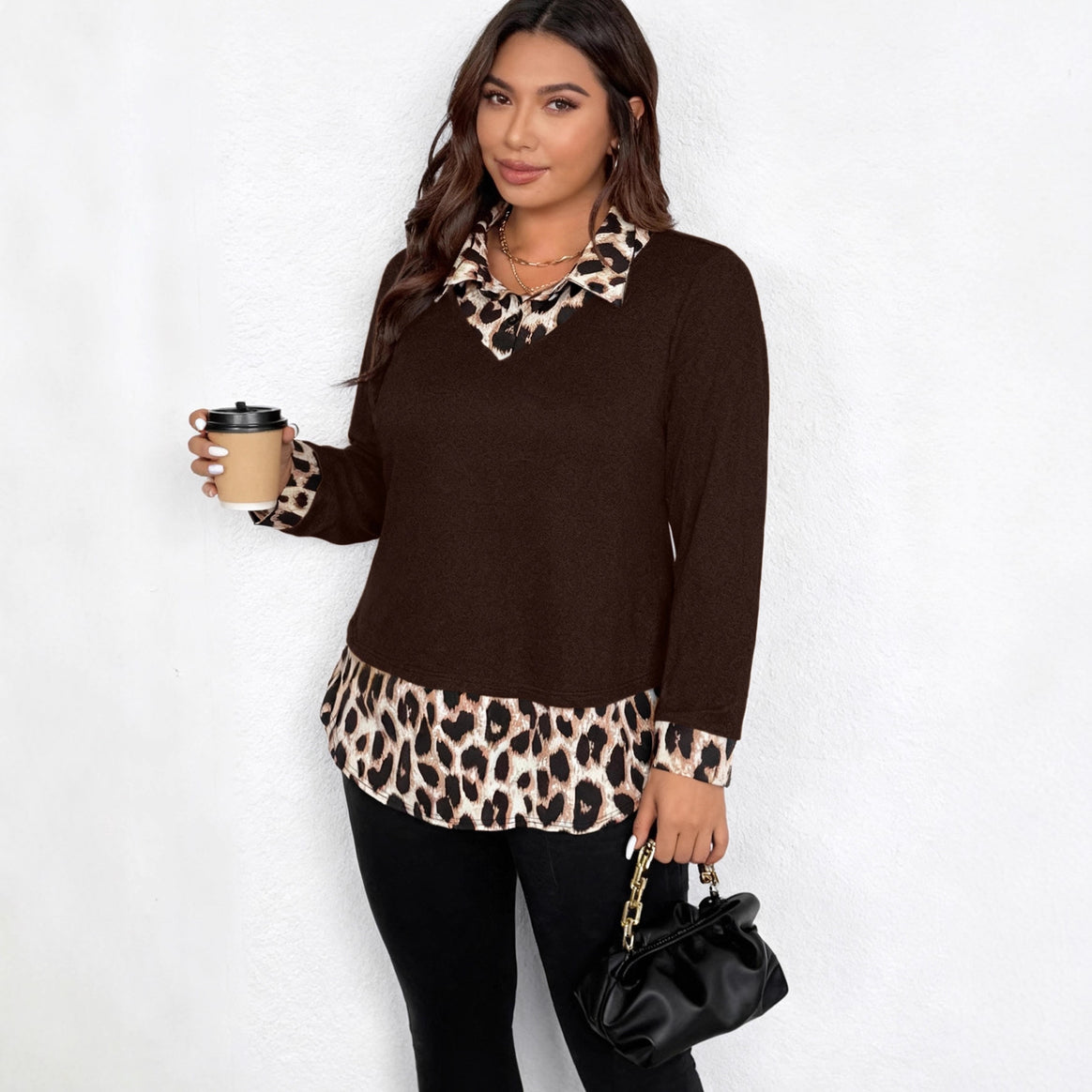 Women's layered look pullover with V-neck and leopard print blouse insert Mune Fashion