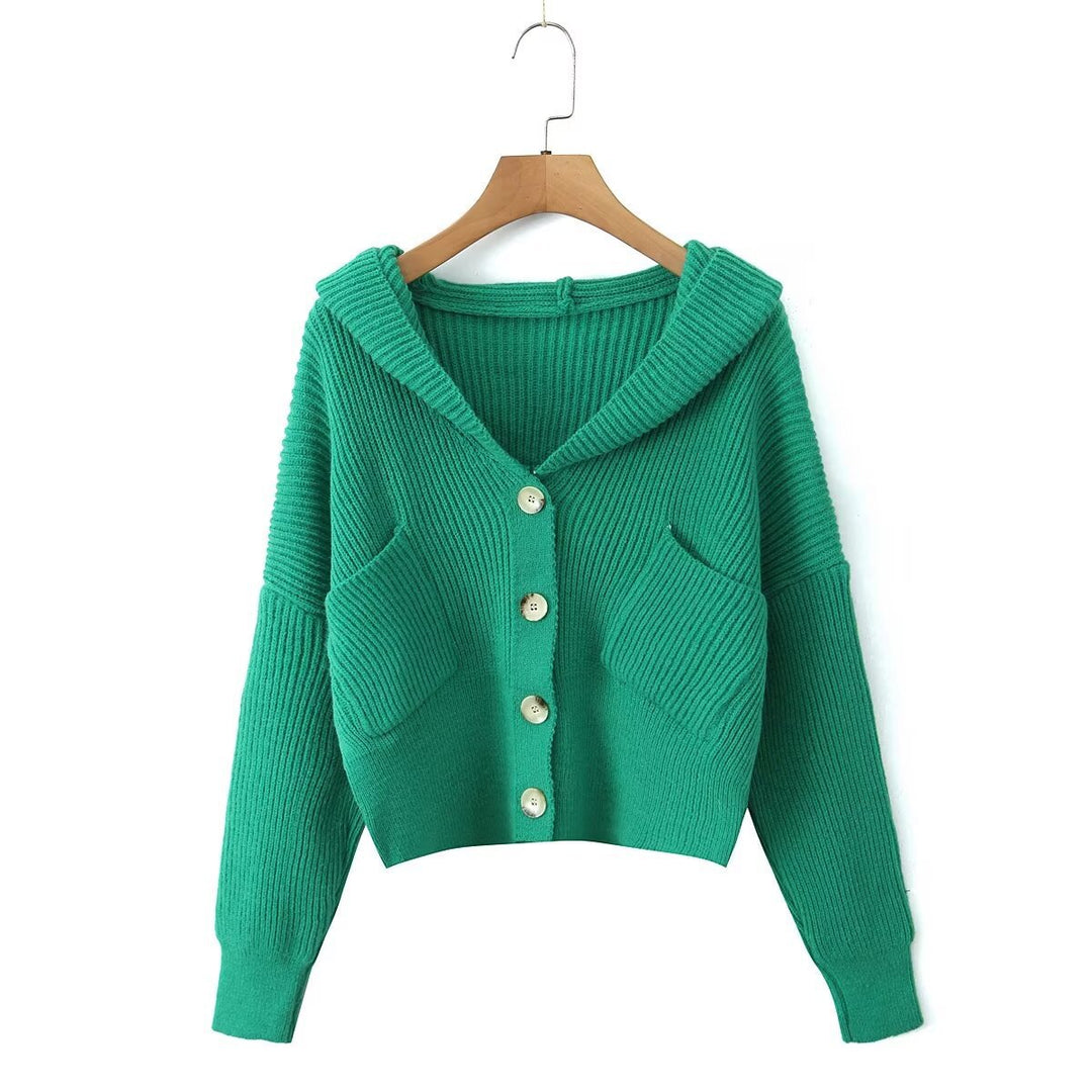 Women's Short Ribbed Knit Cardigan with Wide Hood Collar and Patch Pockets Mune Fashion