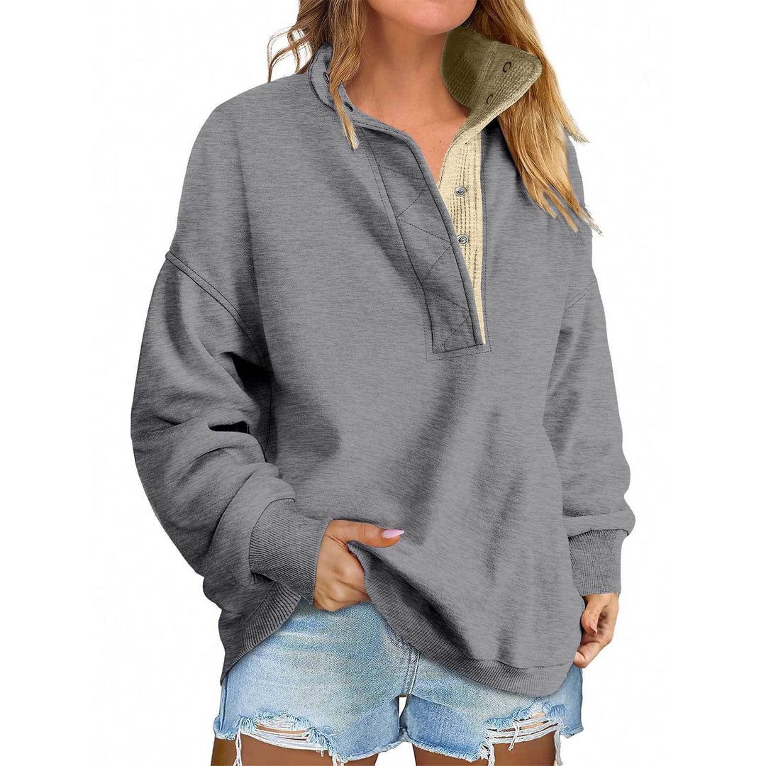 Women's Oversized Henley Sweatshirt with Stand-Up Collar and Snap Button Placket Mune Fashion