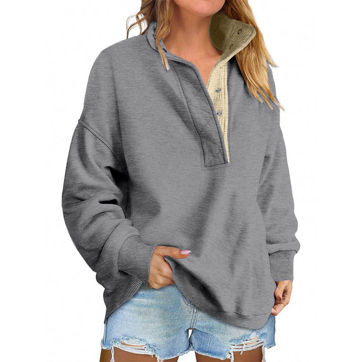 Women's Oversized Henley Sweatshirt with Stand-Up Collar and Snap Button Placket Mune Fashion