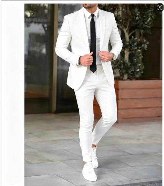 Men's fitted suit set made of lightweight stretch twill with single-button blazer and flat-front trousers Mune Fashion