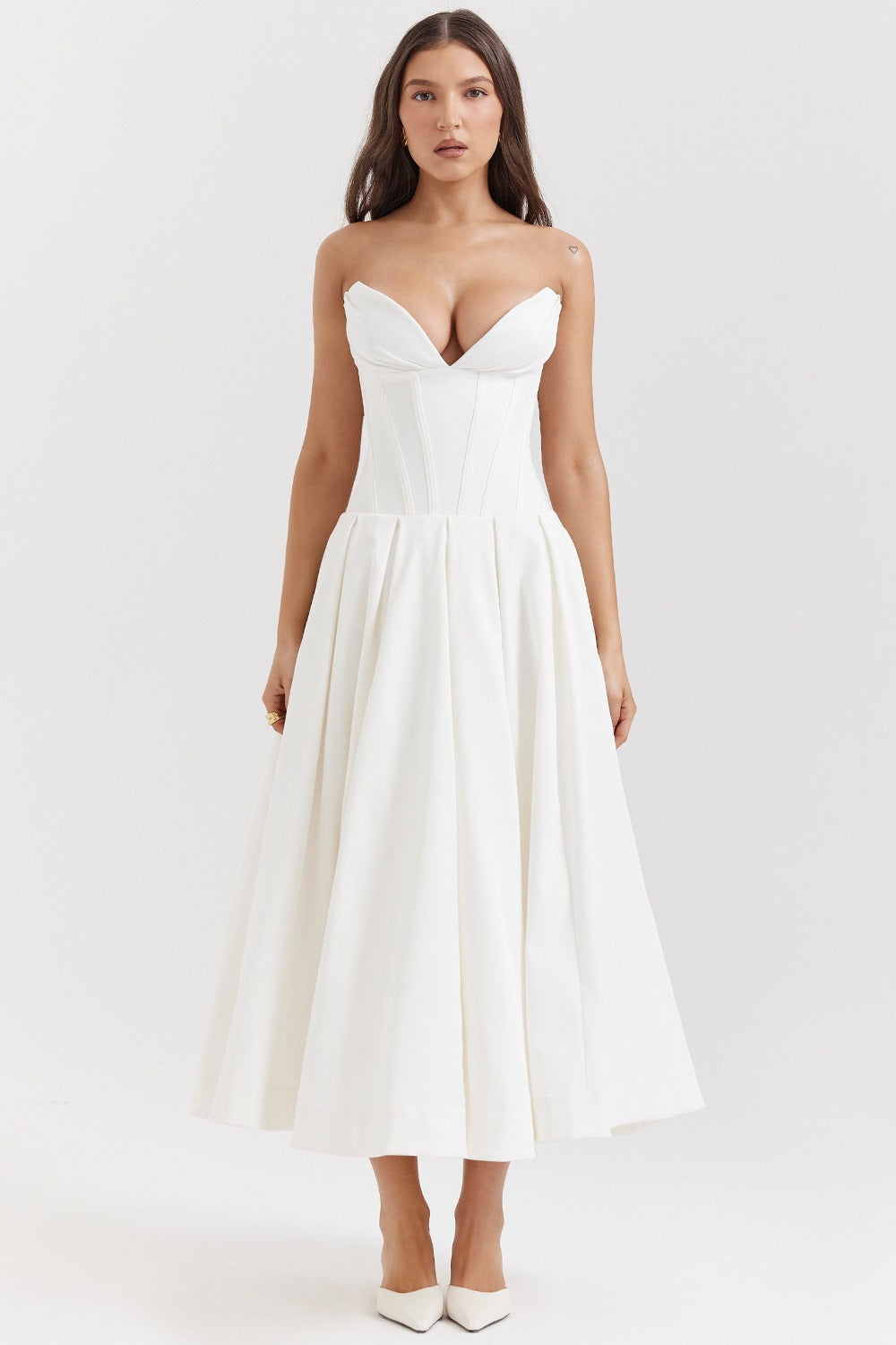 Women's strapless corset midi dress with pre-shaped bodice construction and flared circle skirt Mune Fashion