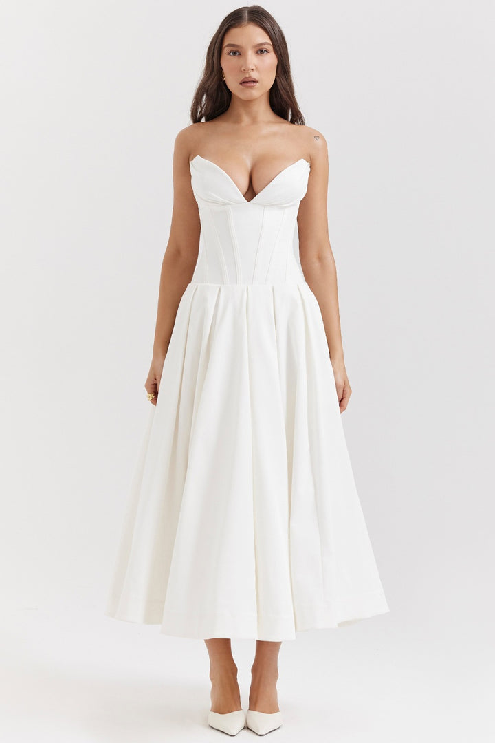Women's strapless corset midi dress with pre-shaped bodice construction and flared circle skirt Mune Fashion