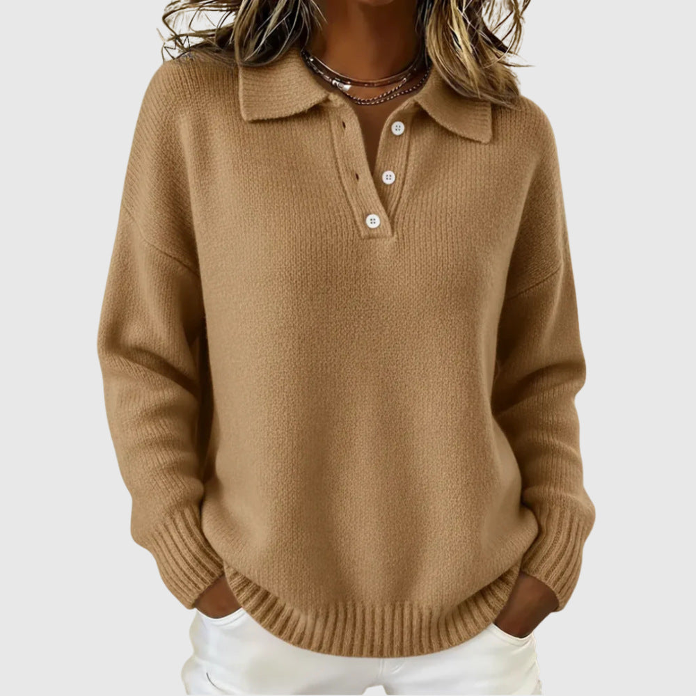 Women's Sporty Knit Sweater with Henley Collar