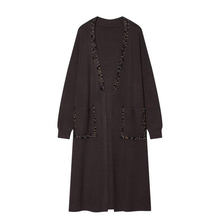 Women's long knit cardigan with bead embellishment and patch pockets Mune Fashion
