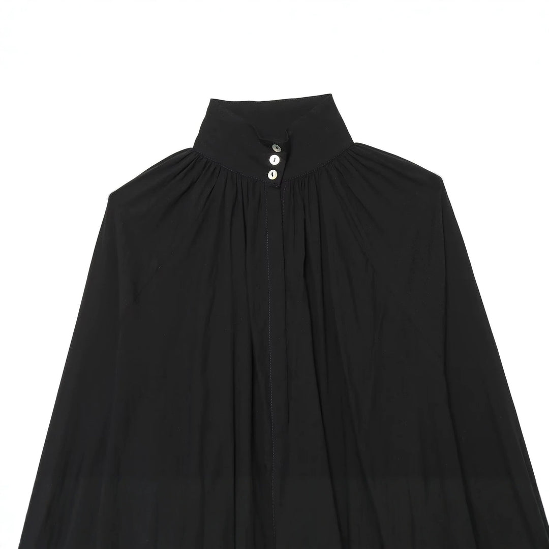Women Voluminous Blouse with Stand-Up Collar, Ruffles and Drawstring Mune Fashion