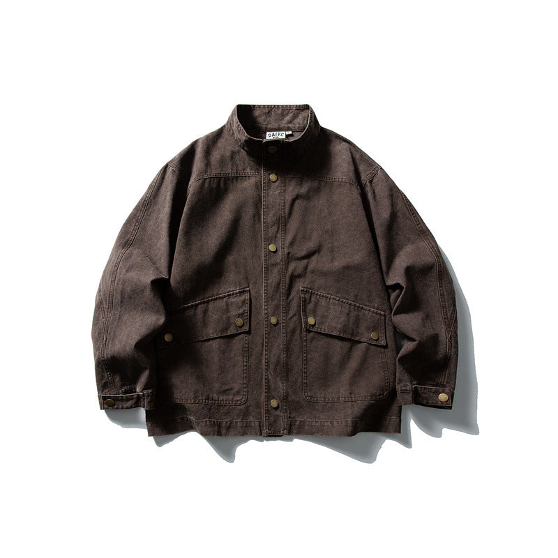 Unisex cleverly tailored canvas worker blouson jacket with stand-up collar and snap button front Mune Fashion