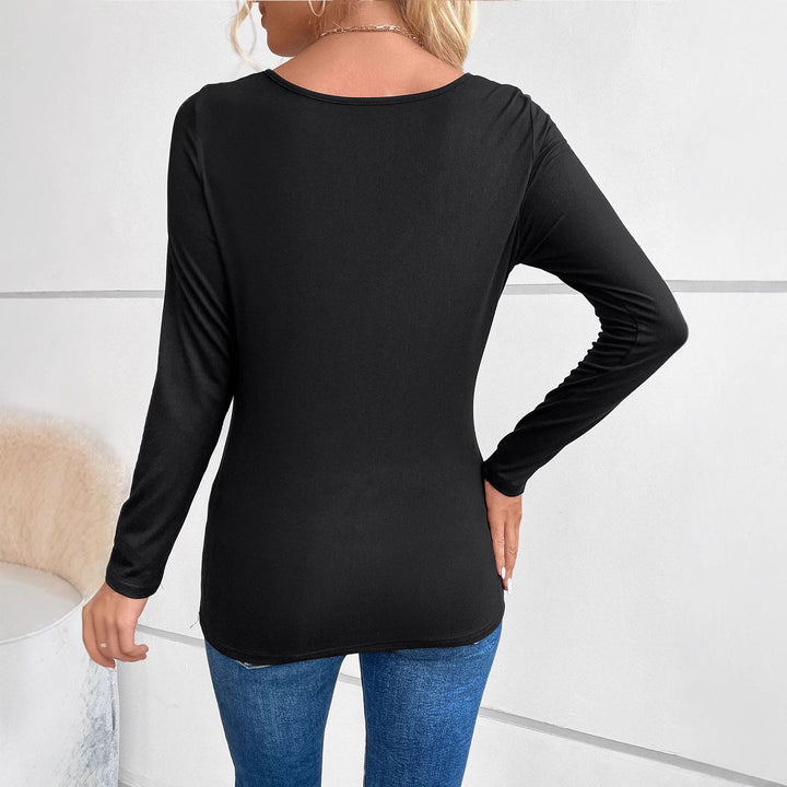 Women Draped Long Sleeve Shirt with Waterfall Neckline and Rhinestone Detail Mune Fashion