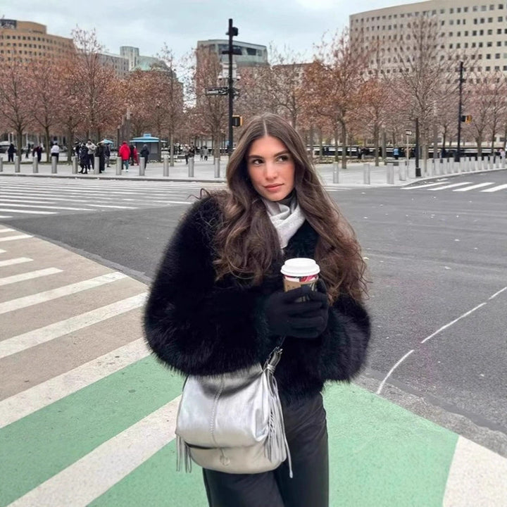 Women Short Cropped Faux Fur Blouson with Voluminous Shawl Collar and Soft Inner Lining Mune Fashion