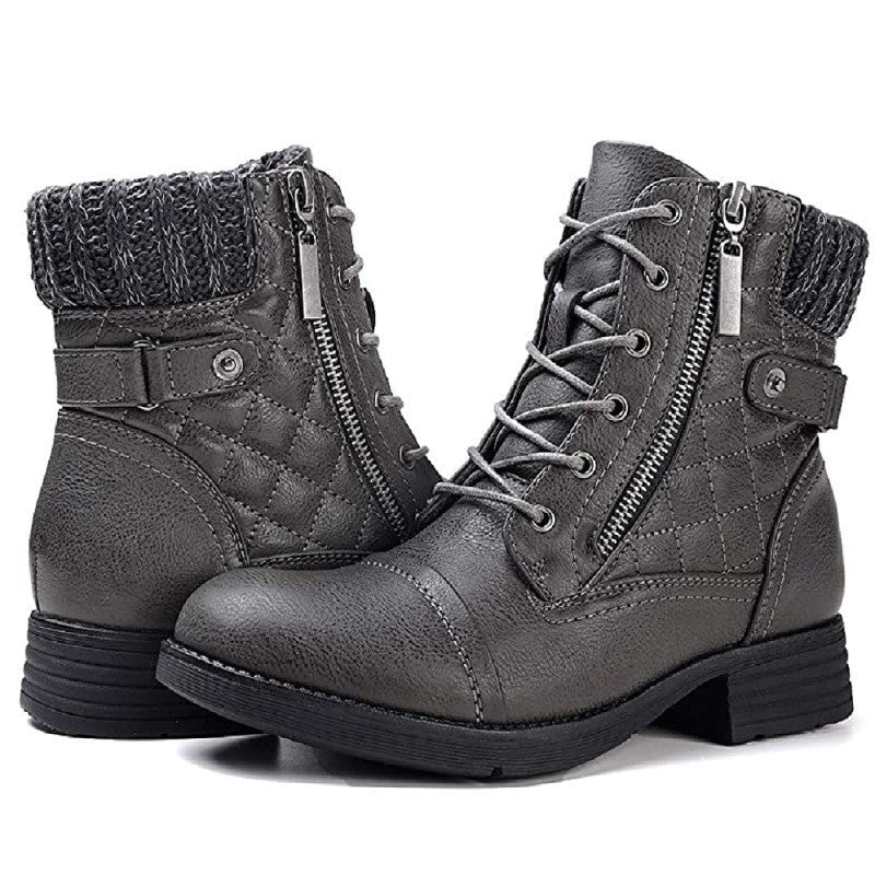 Ladies nan quilted lace-up biker boots with side zipper, padded shaft and sturdy tread sole Mune Fashion