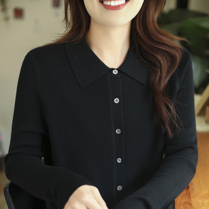 Women Lightweight Fine Knit Cardigan with Polo Collar and Continuous Button Placket Mune Fashion