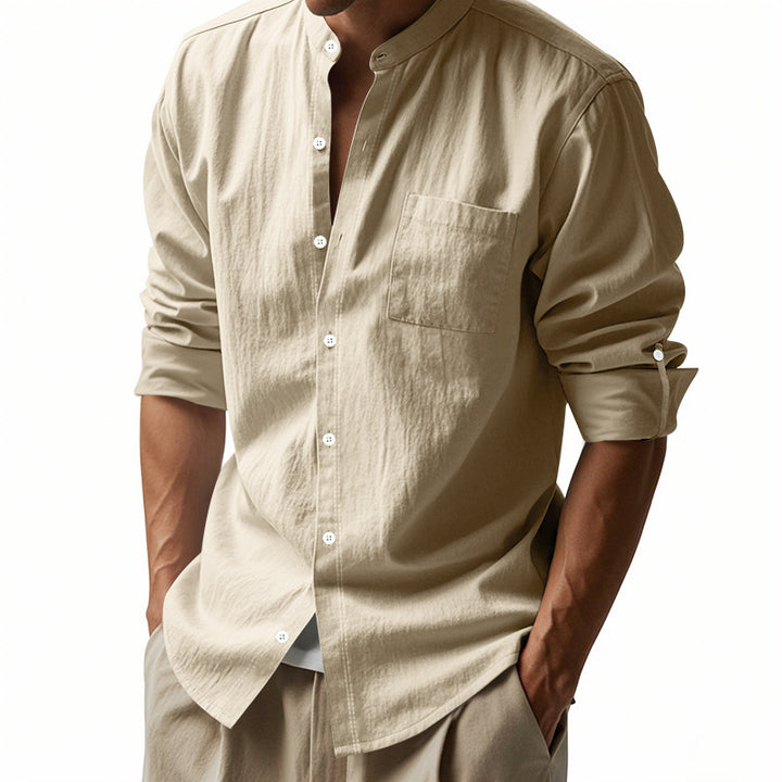 Men's linen shirt with stand-up collar and roll-up sleeves Mune Fashion