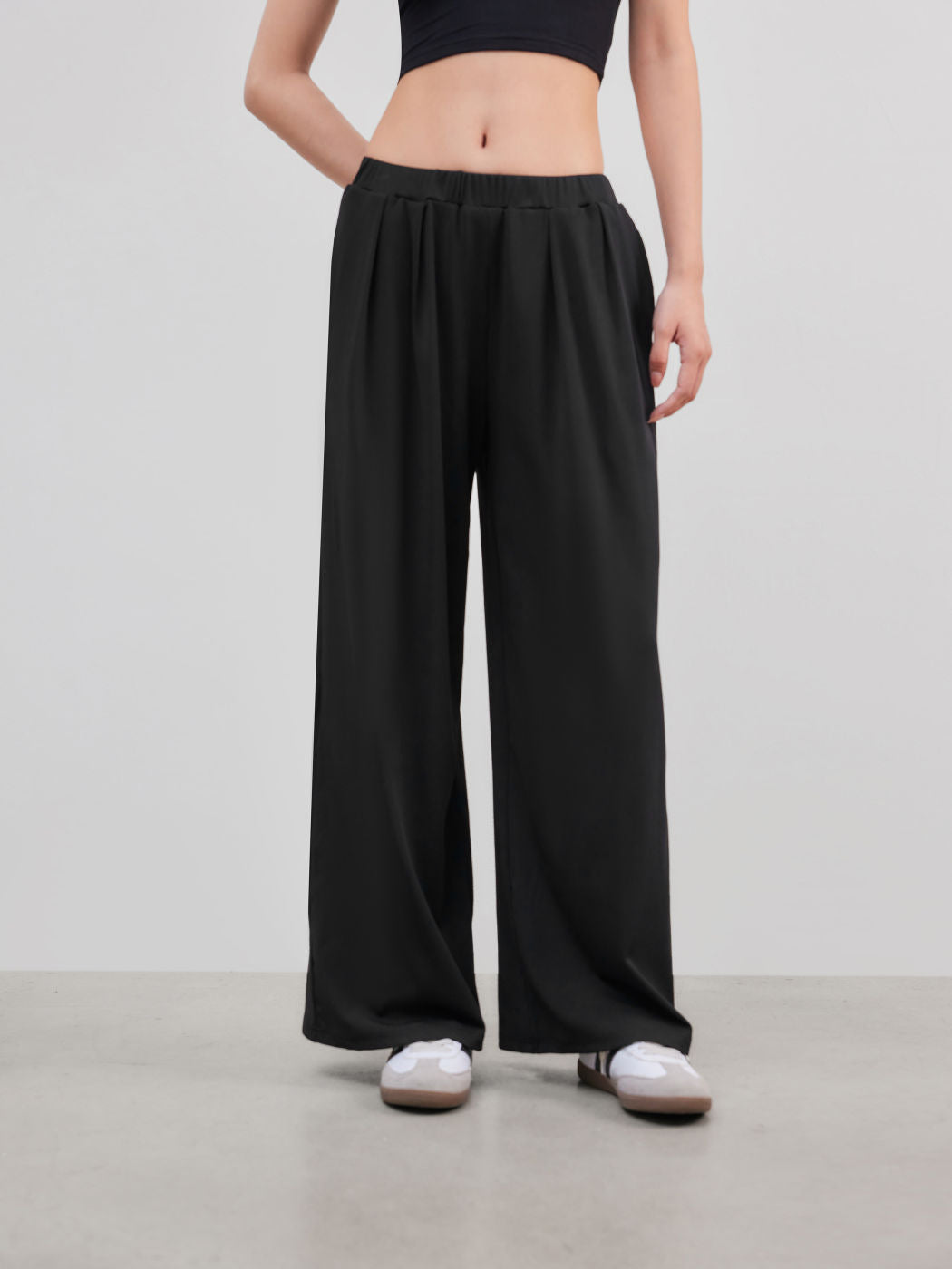 Women's Wide Palazzo Knit Trousers with High Elastic Waistband and Fine Ribbed Texture Drune