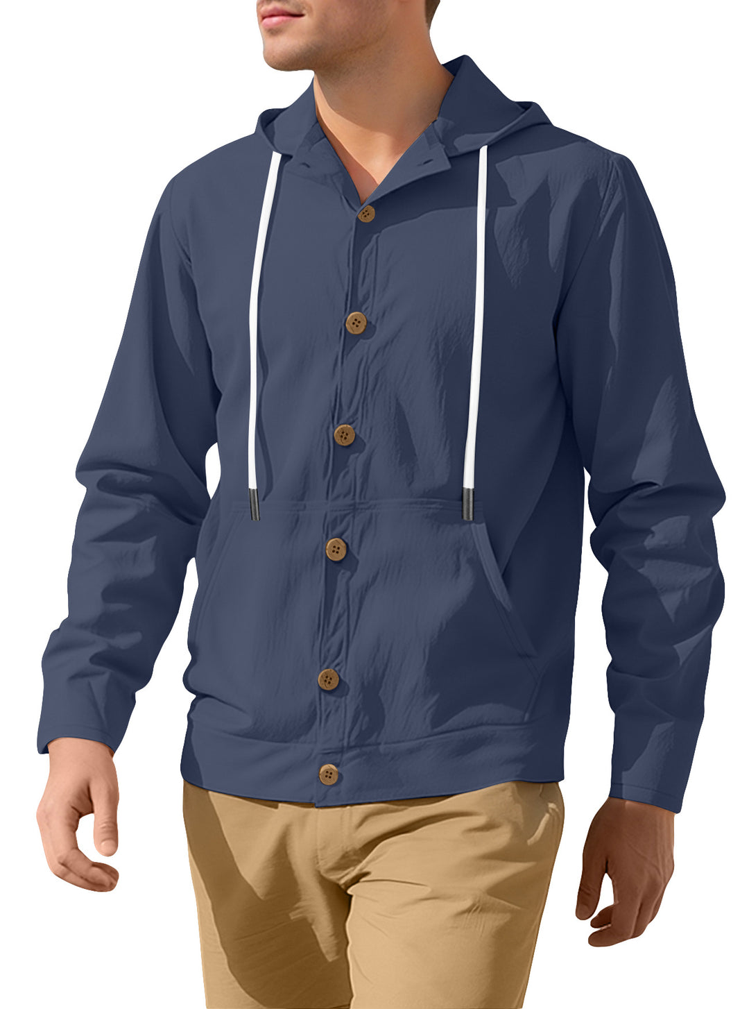 Men's lightweight hoodie jacket with button placket, kangaroo pocket, and drawstring Mune Fashion