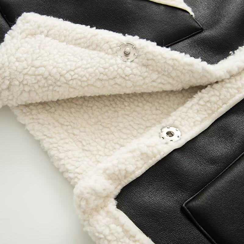 Women's Sleeveless Lambskin Imitation Vest with Lapel Collar and Patch Pockets Mune Fashion