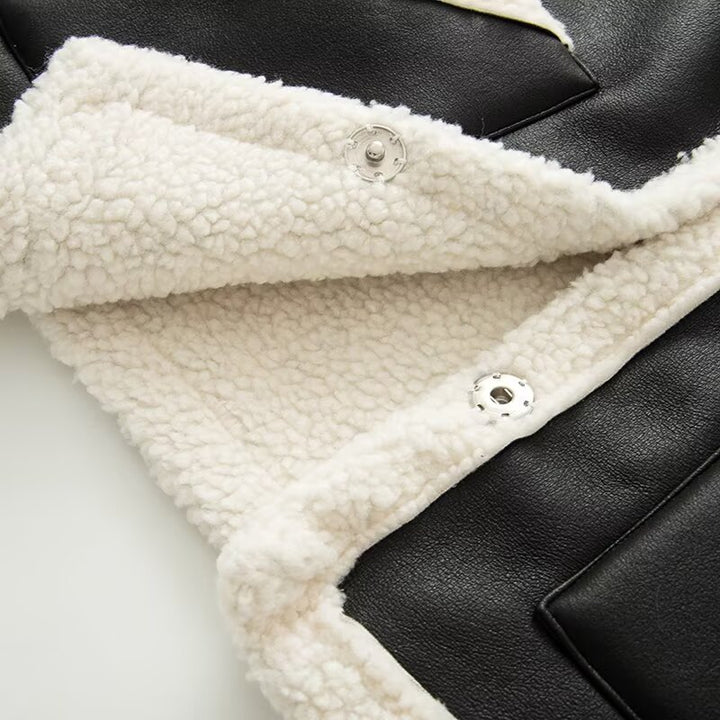 Women's Sleeveless Lambskin Imitation Vest with Lapel Collar and Patch Pockets Mune Fashion