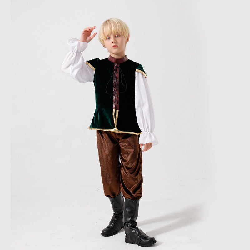 Unisex medieval children's costume set with velvet vest, gathered baggy pants and Renaissance details Mune Fashion