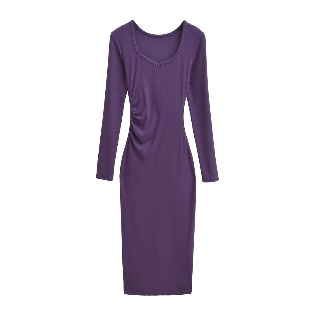 Women's Fitted Midi Dress with Side Ruching and Double Neckline Mune Fashion