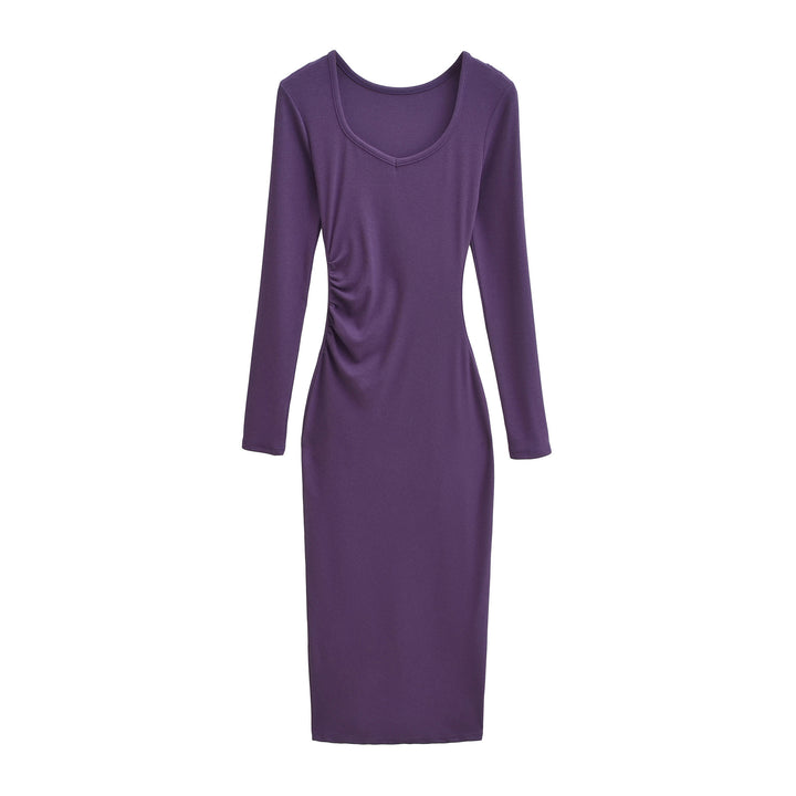 Women's Fitted Midi Dress with Side Ruching and Double Neckline Mune Fashion