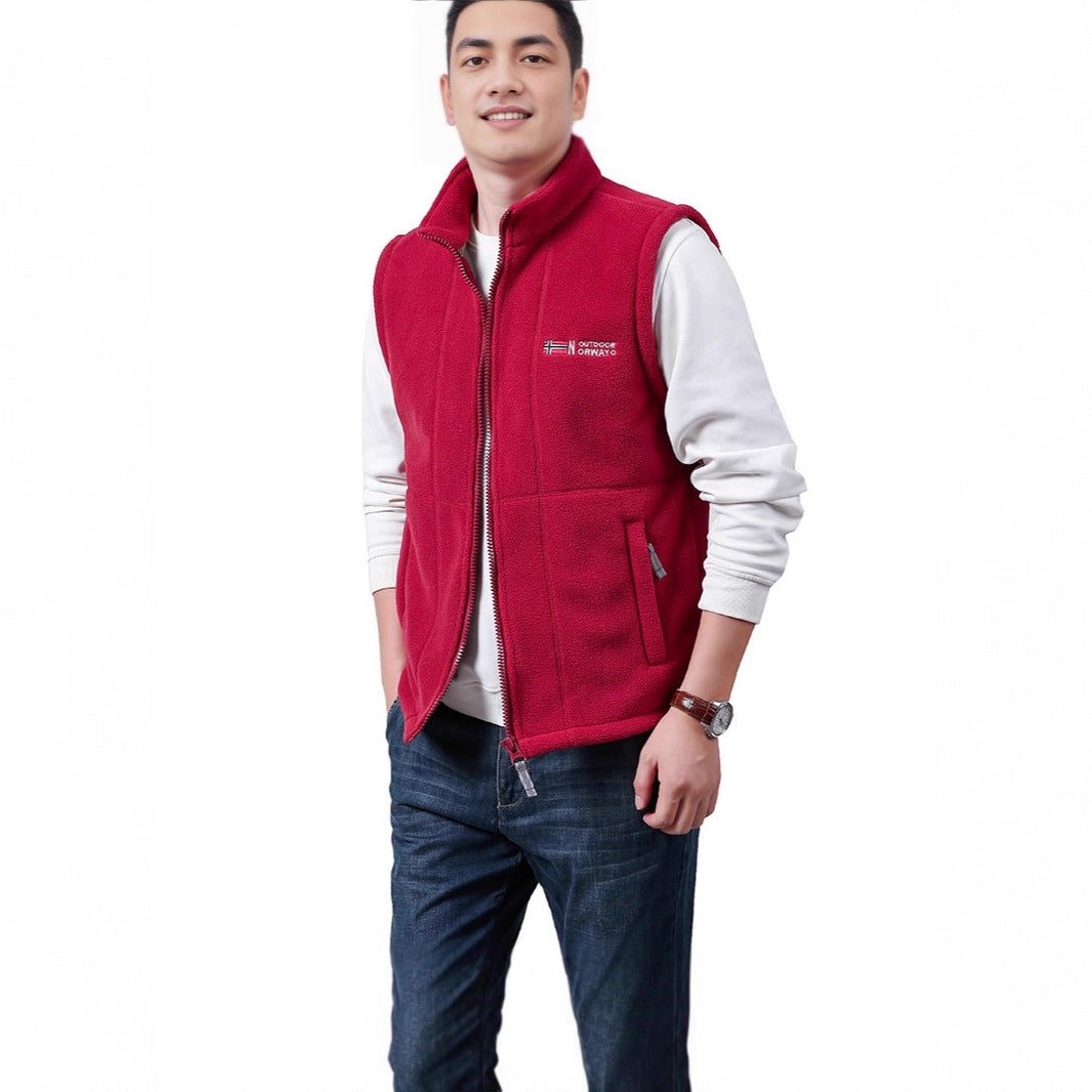 Men's Warm Fleece Outdoor Vest with Full Zip and Stand Collar Mune Fashion