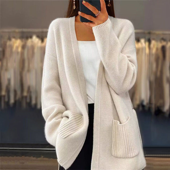 Ladies long cardigan with tie belt, patch rib pockets and loose waffle knit Mune Fashion