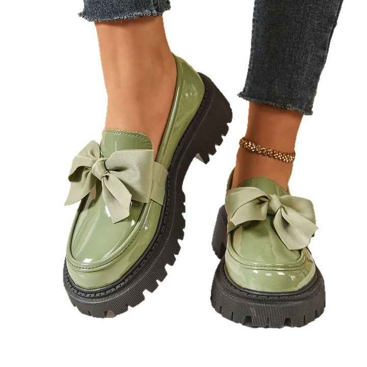 Women's Shiny Platform Loafers with Oversized Decorative Bow and Chunky Profile Sole Mune Fashion
