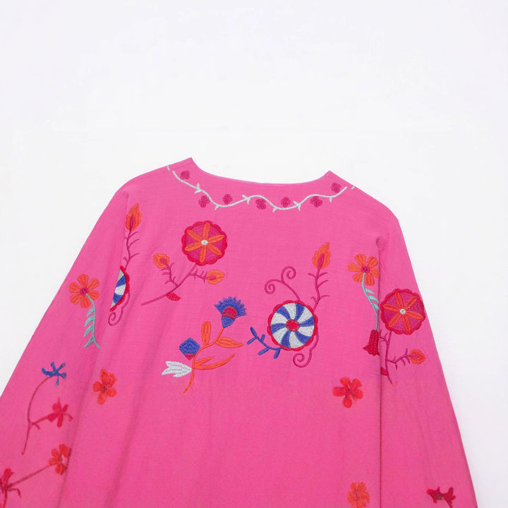 Women's Oversize Light Cotton Cardigan with Colorful Floral Embroidery Mune Fashion