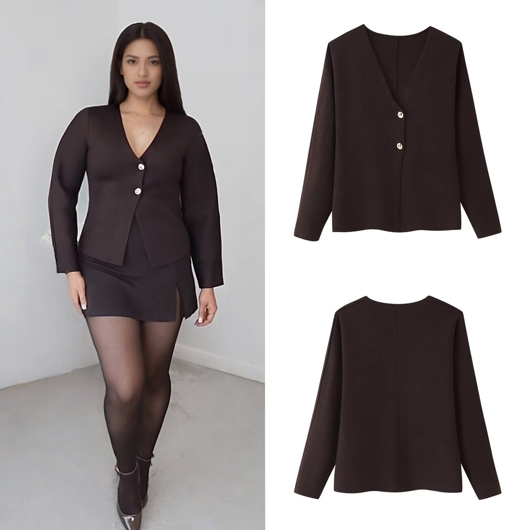 Women's Boxy Fine Knit Jacket with Deep V-Neck and Golden Decorative Buttons Mune Fashion