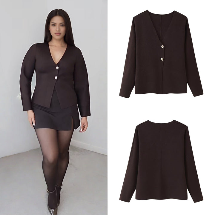 Women's Boxy Fine Knit Jacket with Deep V-Neck and Golden Decorative Buttons Mune Fashion