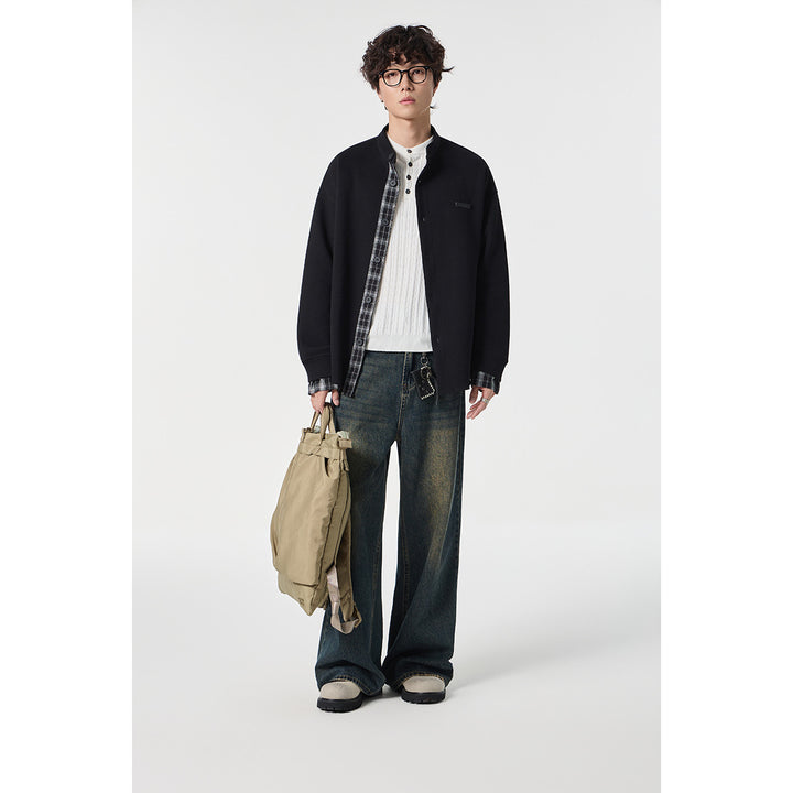Unisex Oversized Shirt Jacket in Sweat Overlay with Stand-Up Collar and Checkered Inner Cuff Mune Fashion