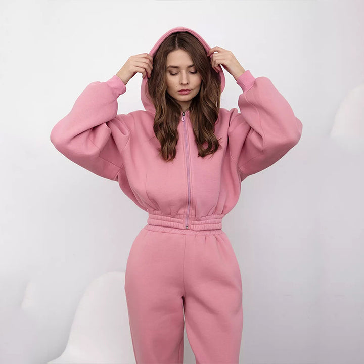 Women Tailored Zip Jumpsuit in Loungewear Style with Hood, Balloon Sleeves and High Waist Mune Fashion