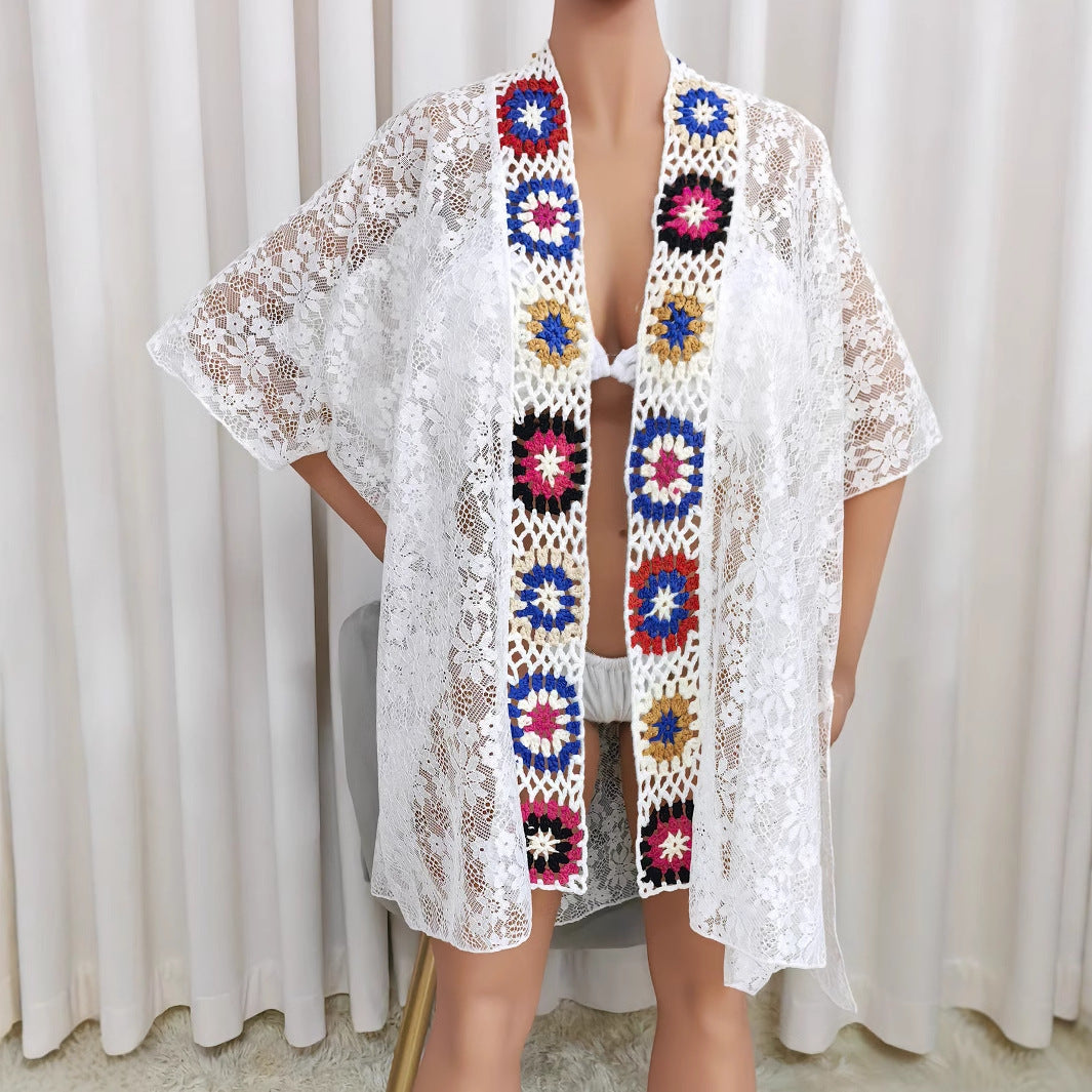 Women crocheted beach cover-up with colorful appliqués Mune Fashion