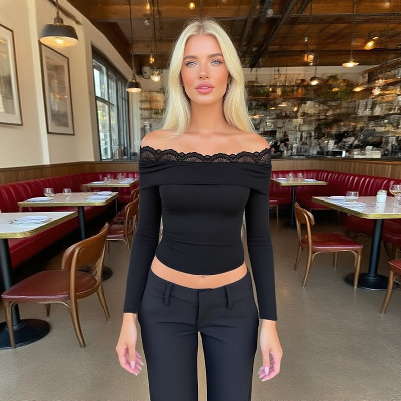 Women's Off-Shoulder Long Sleeve Top with Lace Trim and Fitted Silhouette Mune Fashion