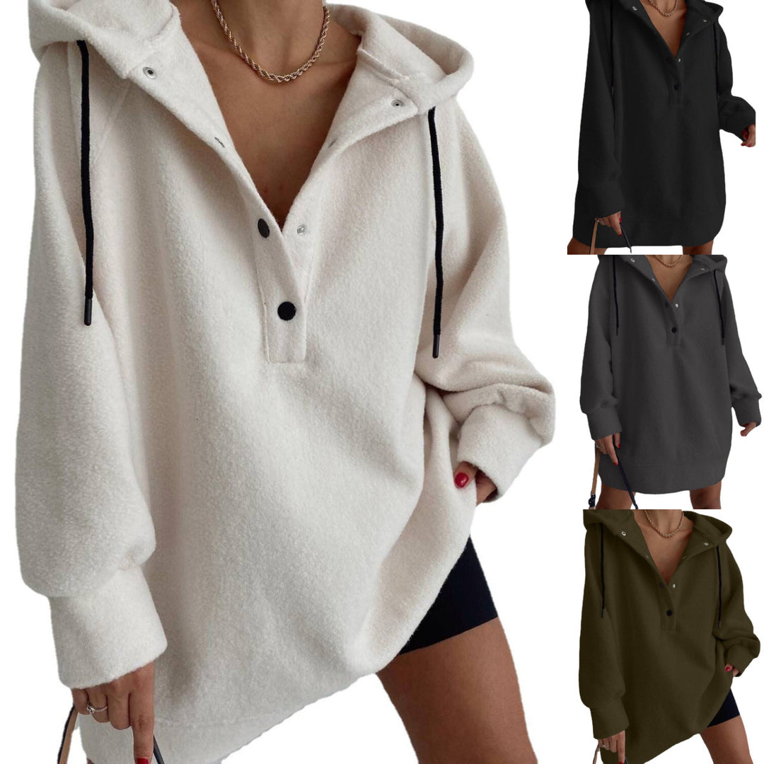 Women's cozy hooded fleece tunic sweatshirt with snap button placket and dropped shoulder Mune Fashion