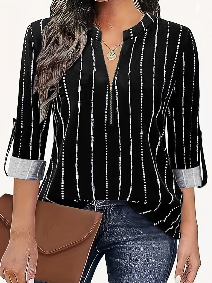 Women's Lightweight Viscose Blouse with Stand-up Collar, Zipper and Vertical Polka Dot Stripes Mune Fashion