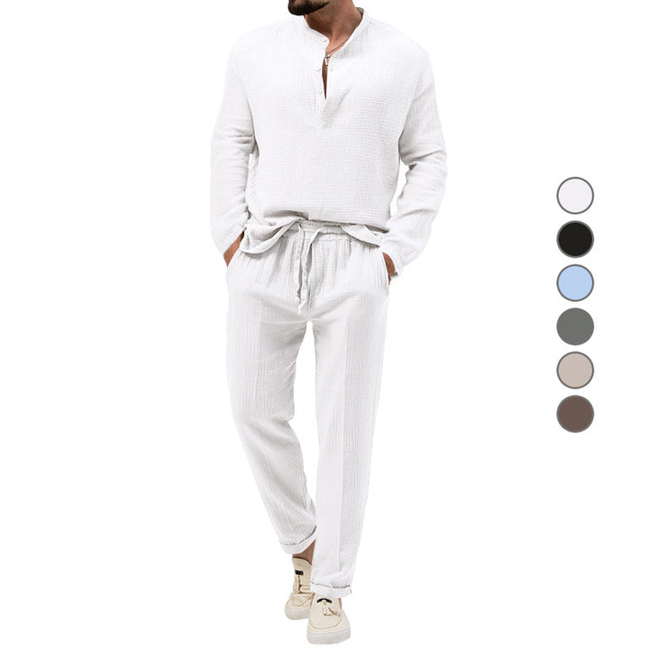 Men's muslin comfort set with semi-high collar and drawstring pants Mune Fashion